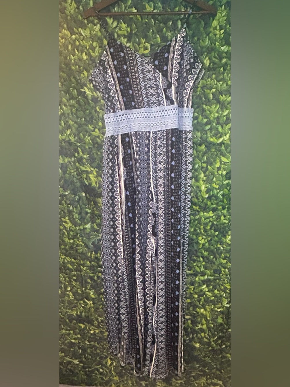 No Boundaries Black and White Patterned Jumpsuit with Crochet Waist